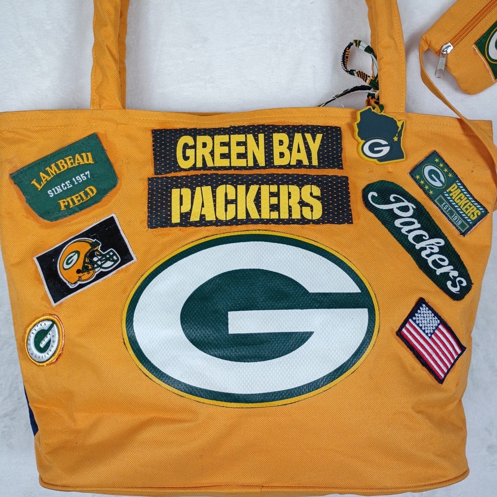 Green Bay Packers Tote Bag Yellow Multi Patch Shoulder Bag with Coin Pouch NFL